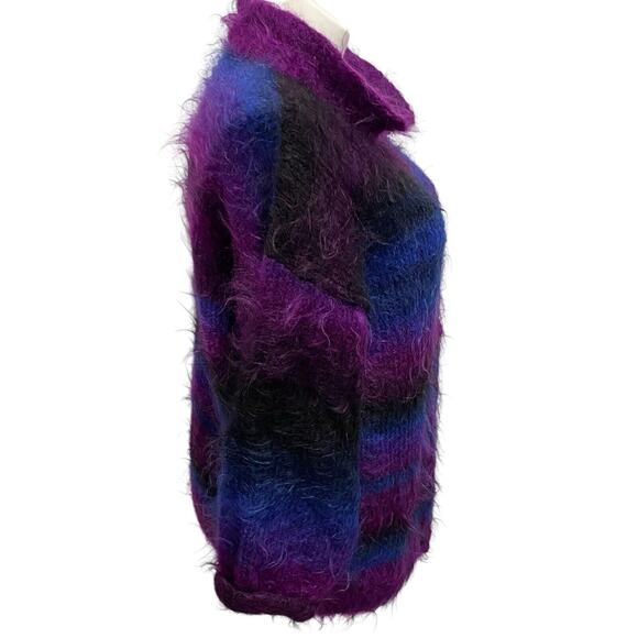 Vintage Handknit Mohair Wool Heather Designs Scotland Purple Blue Sweater Jacket - Picture 2 of 8